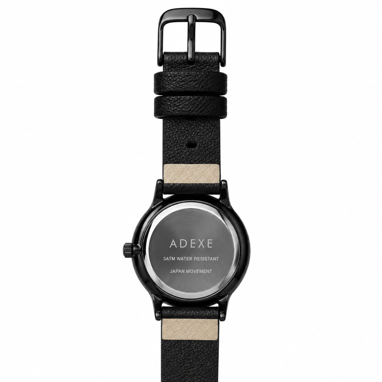 ADEXE Minimalist Black Leather Strap Watch – White Dial Analog Wristwatch