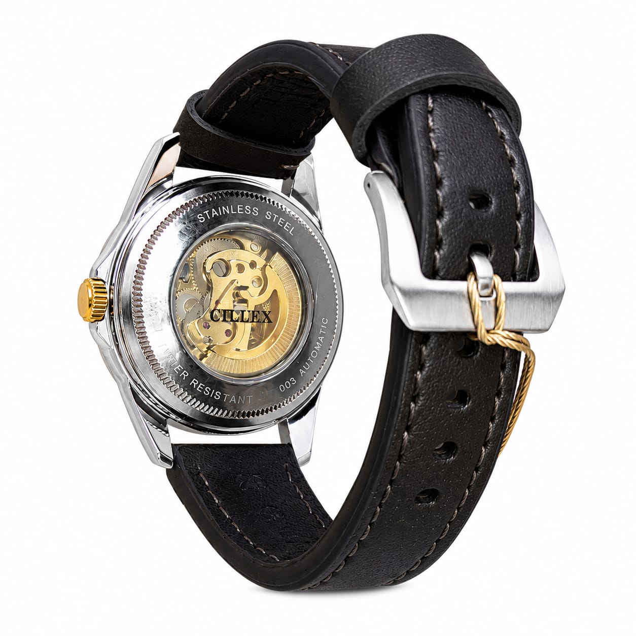 CILLEX Automatic Skeleton Men's Leather Strap Watch – Black & Gold | Transparent Mechanical Dial