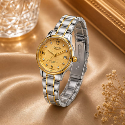 Luxury Two-Tone Gold & Silver Quartz Watch – Stainless Steel Date Display Wristwatch