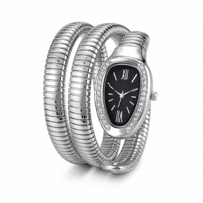 Luxury Women's Silver Snake Coil Bracelet Watch – Crystal Bezel Black Dial