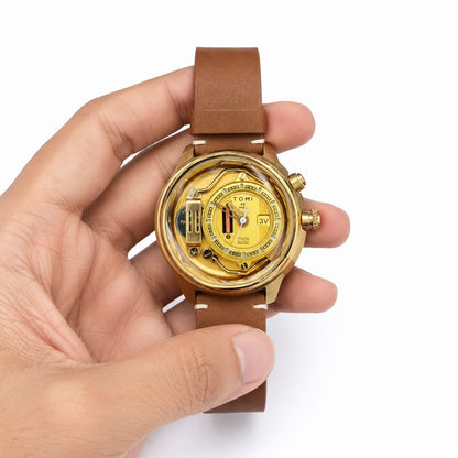 TOMI Men's Luxury Gold Leather Strap Watch – Industrial Skeleton Style Dial
