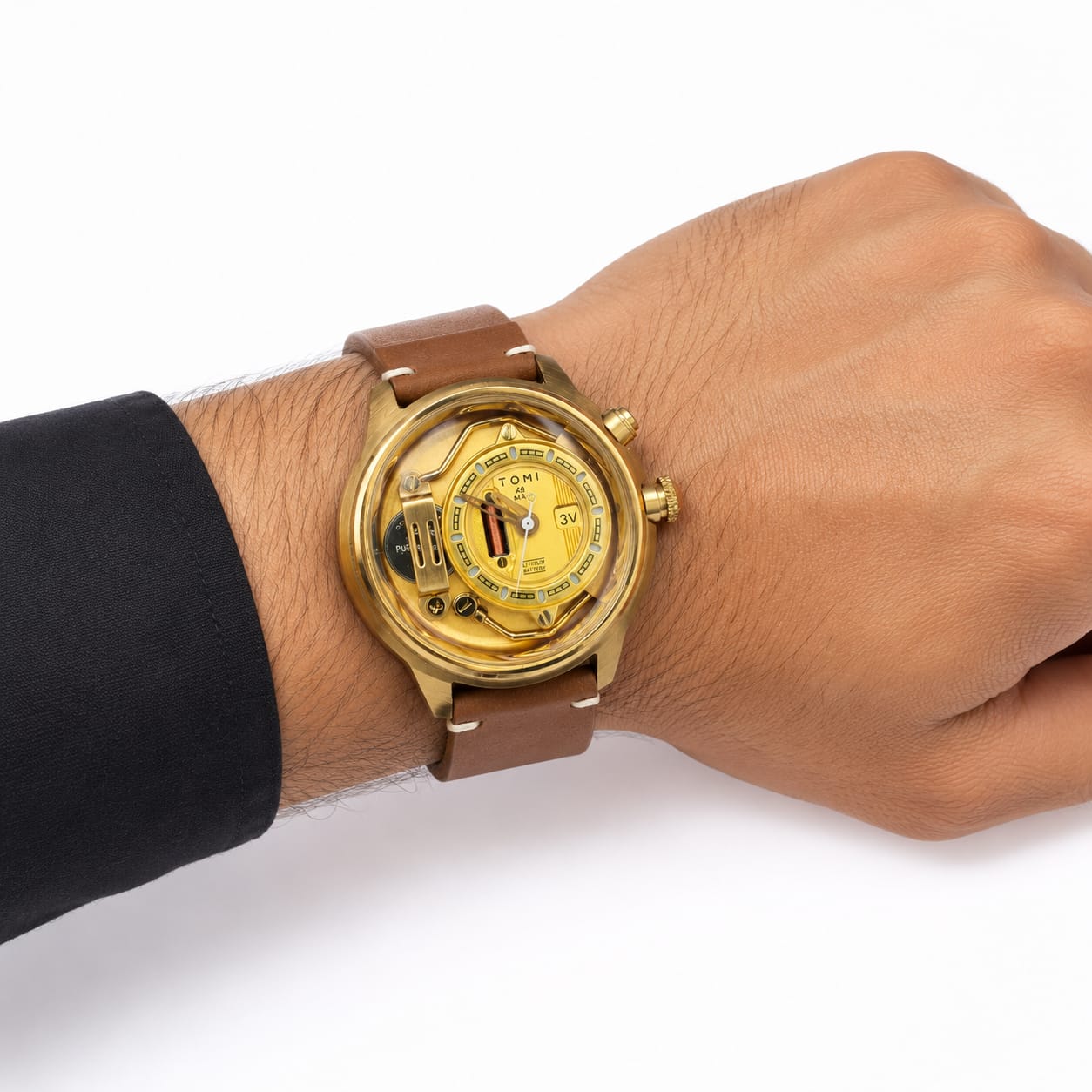 TOMI Men's Luxury Gold Leather Strap Watch – Industrial Skeleton Style Dial
