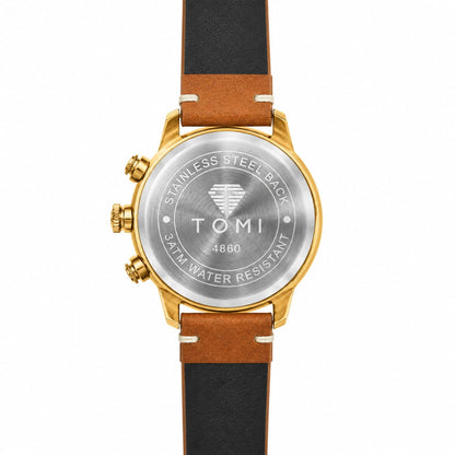 TOMI Men's Luxury Gold Leather Strap Watch – Industrial Skeleton Style Dial
