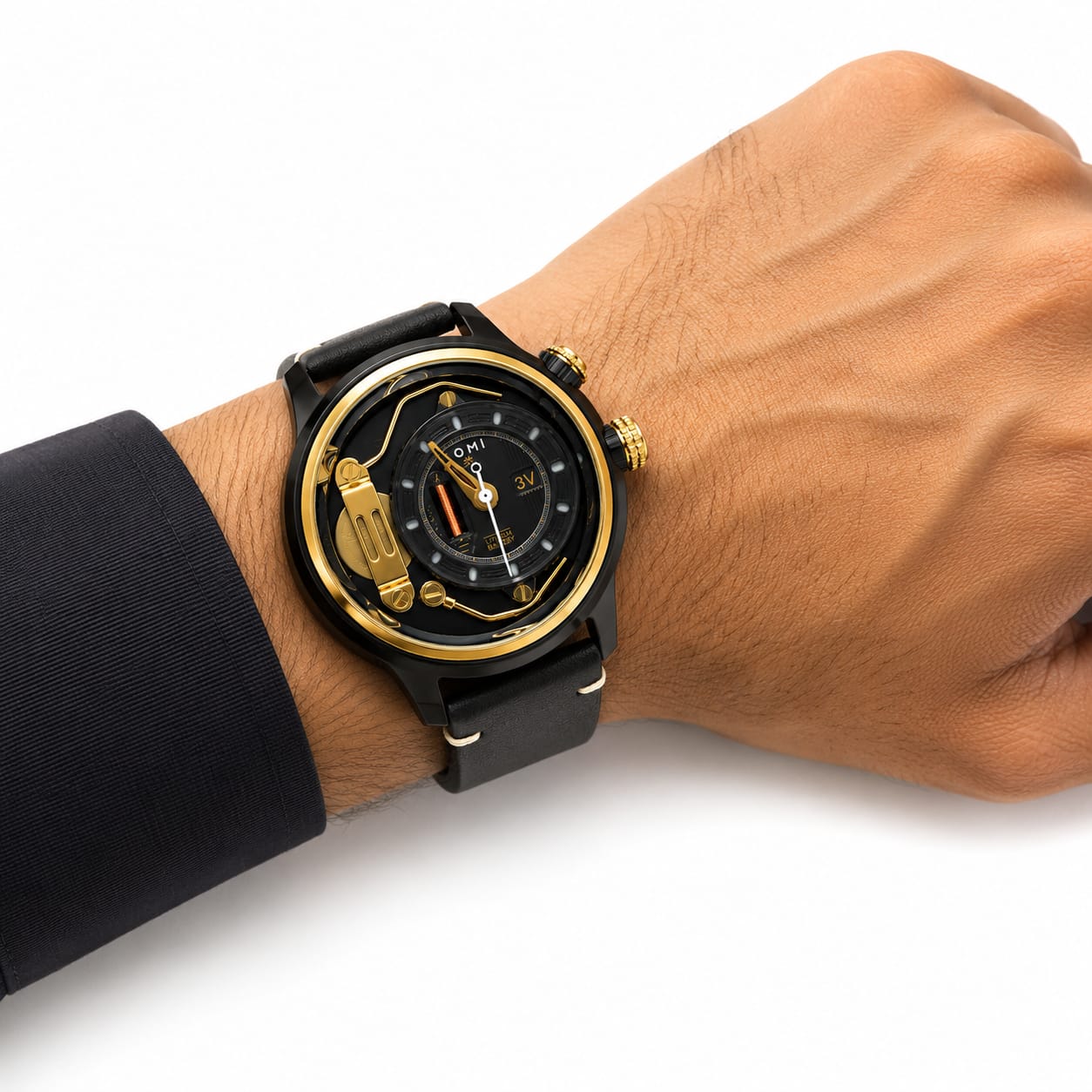 TOMI Men's Black & Gold Luxury Leather Strap Watch – Industrial Skeleton Dial
