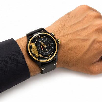 TOMI Men's Black & Gold Luxury Leather Strap Watch – Industrial Skeleton Dial