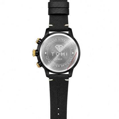 TOMI Men's Black & Gold Luxury Leather Strap Watch – Industrial Skeleton Dial
