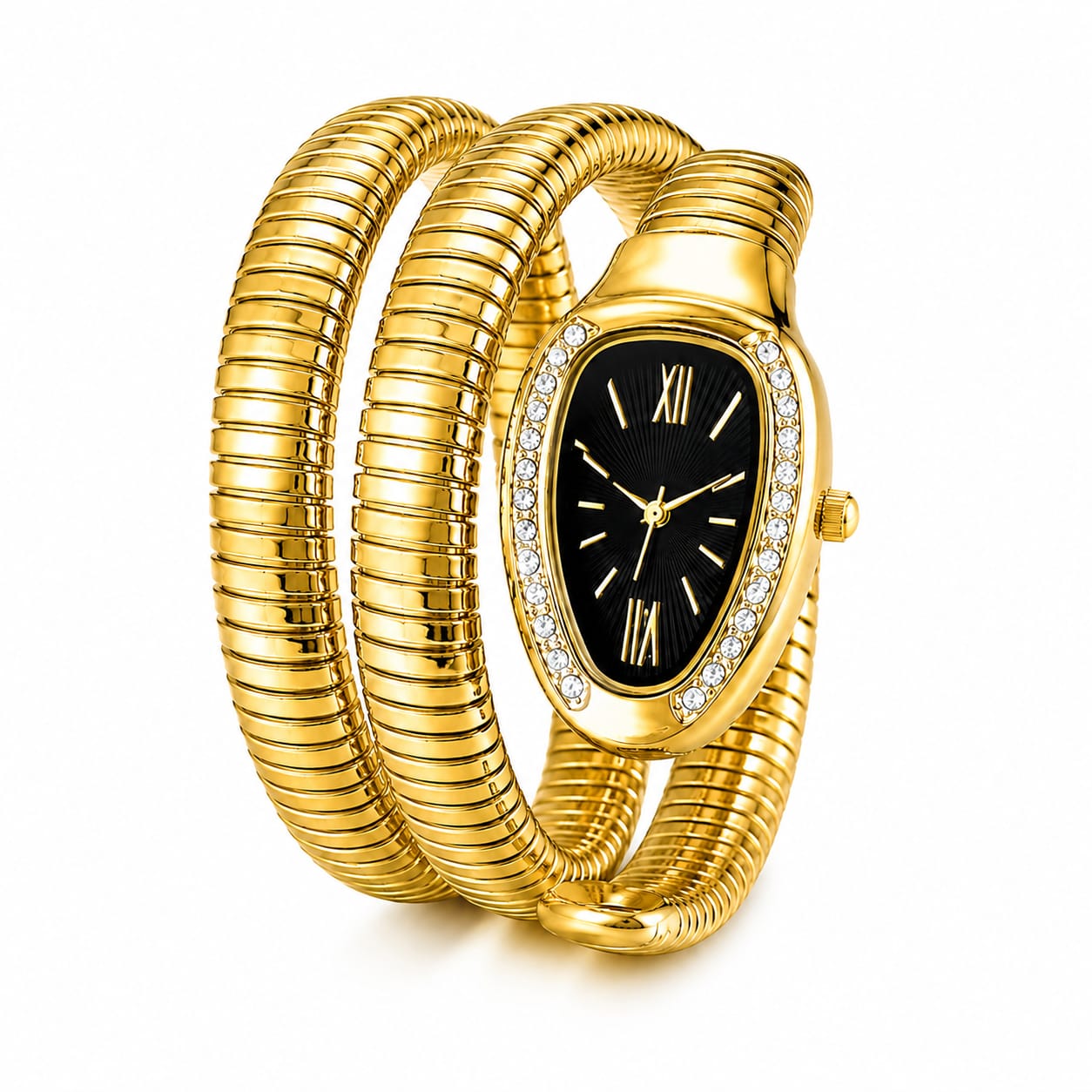 Luxury Women's Gold Snake Coil Bracelet Watch – Crystal Black Dial