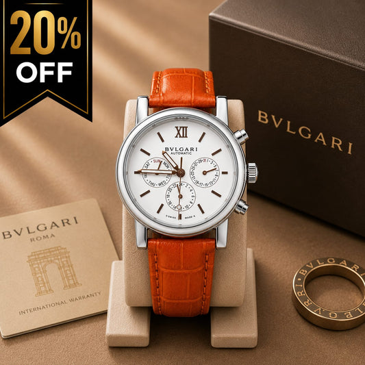 Automatic Multifunction Leather Strap Watch – White Dial & Orange Strap