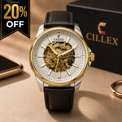 CILLEX Automatic Skeleton Men's Leather Strap Watch – Black & Gold | Transparent Mechanical Dial