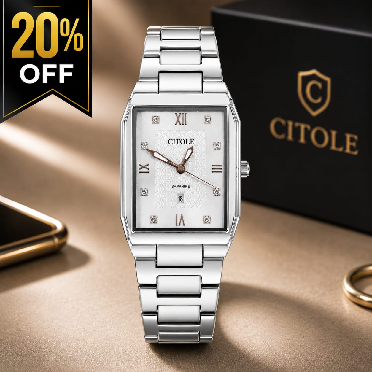 Citole Sapphire Crystal Stainless Steel Rectangular Watch – Silver Luxury Timepiece