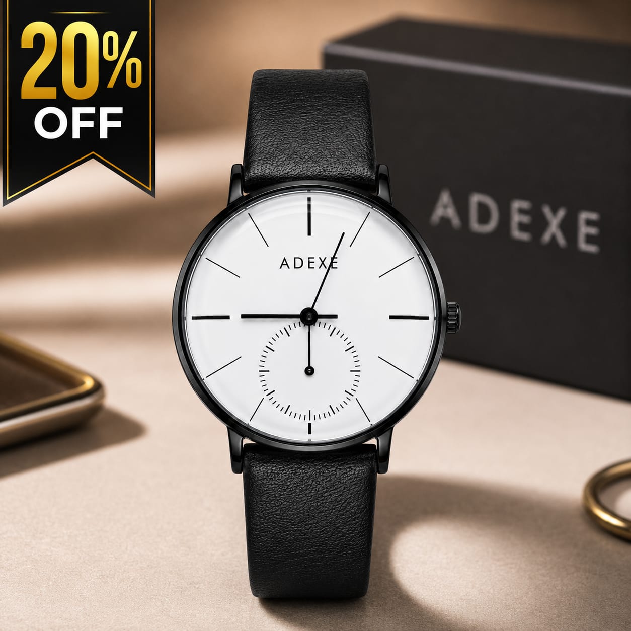 ADEXE Minimalist Black Leather Strap Watch – White Dial Analog Wristwatch