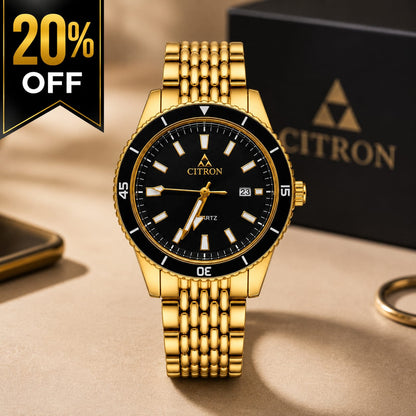 Citron Gold Stainless Steel Date Watch – Luxury Black Dial Men's Wristwatch