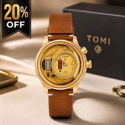 TOMI Men's Luxury Gold Leather Strap Watch – Industrial Skeleton Style Dial