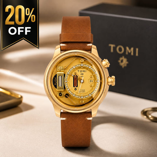 TOMI Men's Luxury Gold Leather Strap Watch – Industrial Skeleton Style Dial
