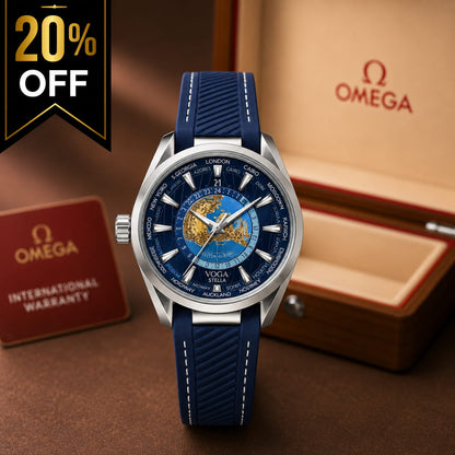 Luxury World Time Automatic Men's Watch – Blue Dial | Blue Silicone Strap | Stainless Steel Case