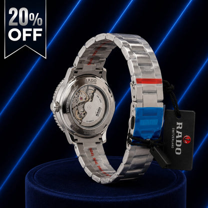 Luxury Skeleton Automatic Watch – Blue Bezel & Silver Stainless Steel Strap