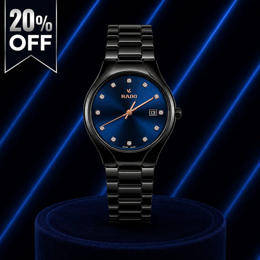 Luxury Women's Black Ceramic Watch – Blue Dial Crystal Wristwatch