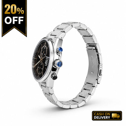 Luxury Silver Stainless Steel Chronograph Watch with Black Dial for Men