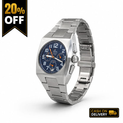 Luxury Silver Tonneau Chronograph Watch with Blue Dial for Men