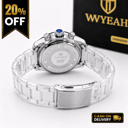 Luxury Silver Chronograph Watch with White Dial & Blue Hands for Men