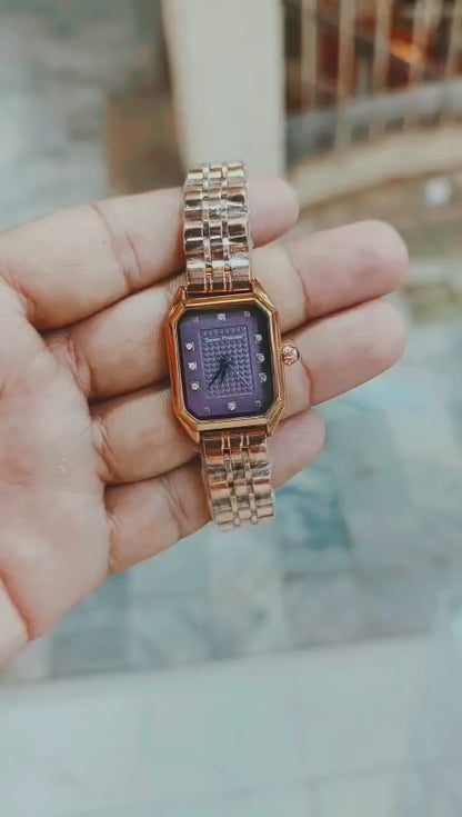 Seven Princess Women's Rose Gold Watch – Purple Rectangular Dial